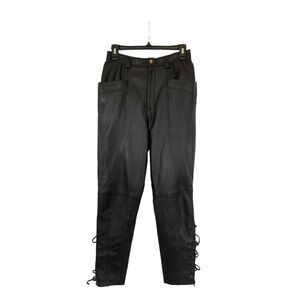 VTG‎ Lydia Creazione Leather Black Pants Lace Up at Calves Sz 27 Biker Rock Edgy